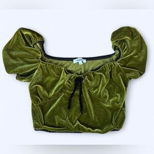 Yeanzuun Womens Green Velvet Velour Puff Sleeve Lace Whimsigoth Crop Top Large